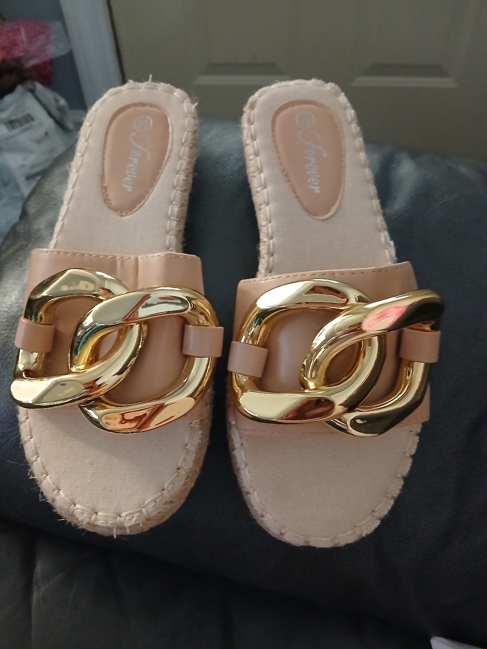 Forever Tan Slide Mules with Gold Chain Detail